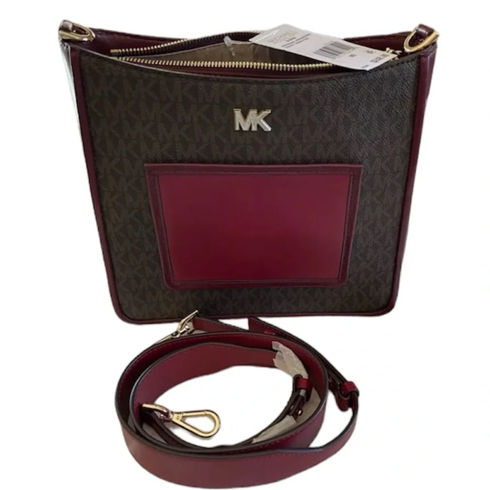 Michael Kors Gloria  Pocket Swing Bag in Brown Signature and Maroon Leather NWT